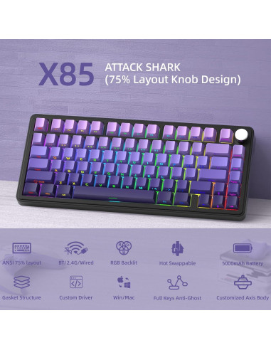 Teclado Mecánico Gaming Inalámbrico Attack Shark X85 Púrpura