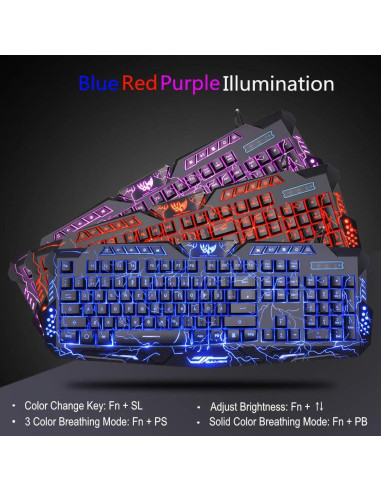 Combo Teclado Gaming Retroiluminado BlueFinger + Ratón y Auriculares LED