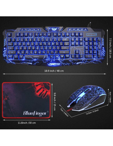 Combo Teclado Gaming Retroiluminado BlueFinger + Ratón y Auriculares LED