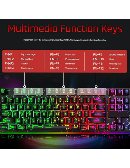 Combo Teclado y Ratón Gaming Crack Rainbow USB 104 Teclas Combo Teclado y Ratón Gaming Crack Rainbow USB 104 Teclas