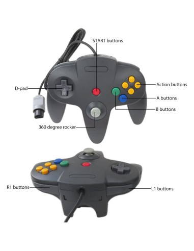 Controlador de Juego con Cable USonline911 para Nintendo 64 - Negro y Gris