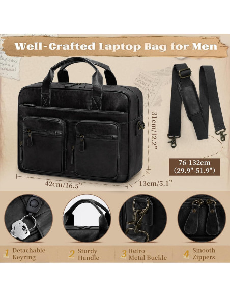 Bolsa Mensajera Vintage RAINSMORE de Cuero Vegano 15.6" Negra Bolsa Mensajera Vintage RAINSMORE de Cuero Vegano 15.6" Negra