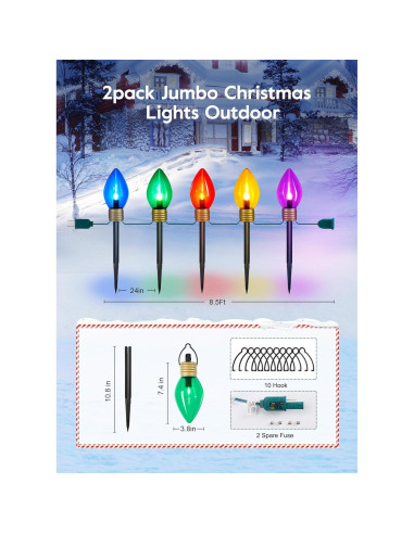 Luces de Camino de Navidad Jumbo C9 - 2 Paquetes 10 LED Multicolores