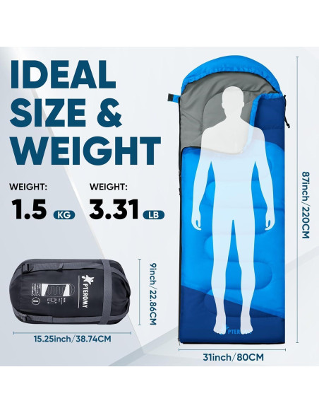 Saco de Dormir PTEROMY Azul para Adultos 220x80 cm Resistente al Agua Saco de Dormir PTEROMY Azul para Adultos 220x80 cm Resistente al Agua