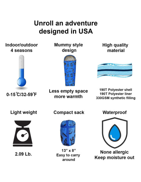 Saco de dormir ANJ Outdoors momia 1.70 m 4 estaciones azul Saco de dormir ANJ Outdoors momia 1.70 m 4 estaciones azul