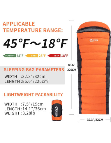 Saco de Dormir Ultraligero QEZER 800g Plumón 1 Persona -2C a 7C