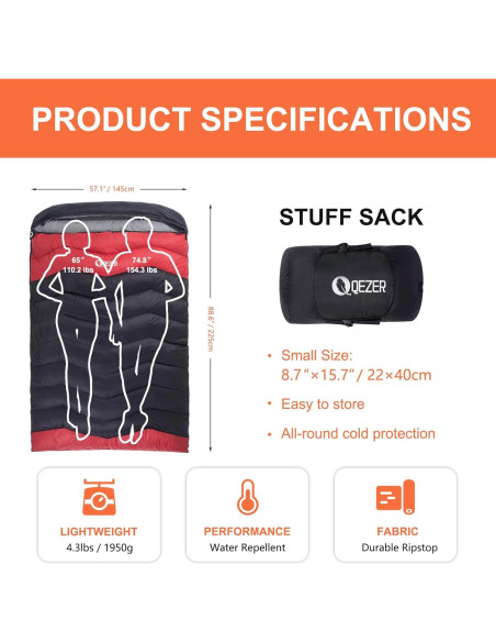 Saco de Dormir Doble QEZER Ultraligero para Climas Fríos 225x145cm Saco de Dormir Doble QEZER Ultraligero para Climas Fríos 225x145cm