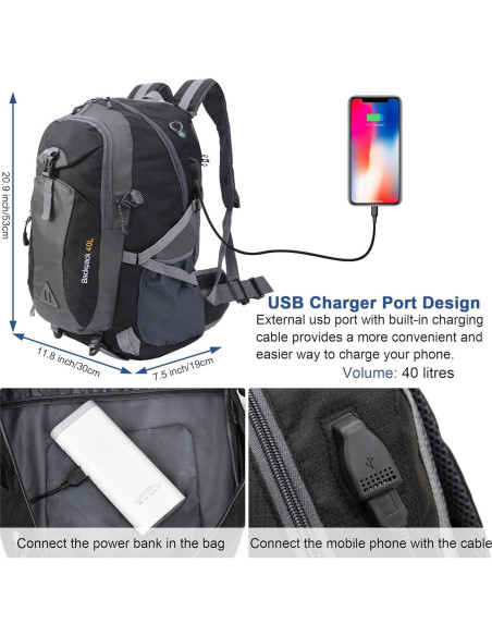 Mochila de Senderismo 40L Yixi Impermeable con Cargador USB Mochila de Senderismo 40L Yixi Impermeable con Cargador USB