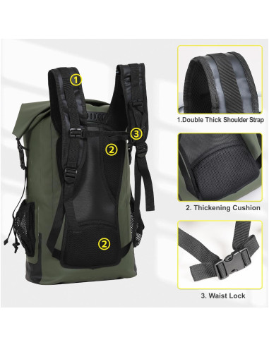 Mochila Impermeable UPWELL 30L Verde para Camping y Kayak