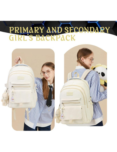 Mochila Escolar Estética PRLINJSK Beige 30.7x16.8x44.5 cm