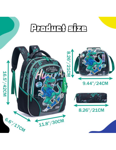Mochila Escolar para Niños 6-12 Años con Almuerzo Dinosaurio