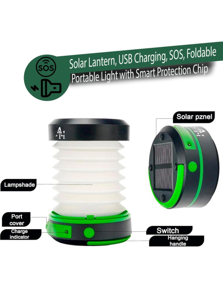 Linterna de Camping Solar Asaeh - Plegable, Recargable, Verde Linterna de Camping Solar Asaeh - Plegable, Recargable, Verde
