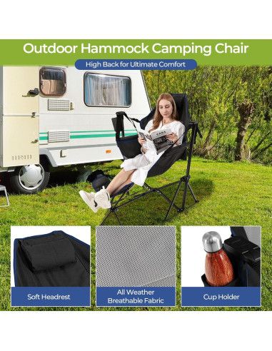 Silla de Camping GYMAX Plegable con Reposapiés y Almohada Negra