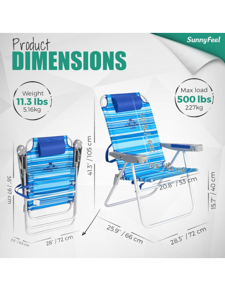 Silla de Playa Plegable SUNNYFEEL Alta 500 LBS Azul Claro Silla de Playa Plegable SUNNYFEEL Alta 500 LBS Azul Claro