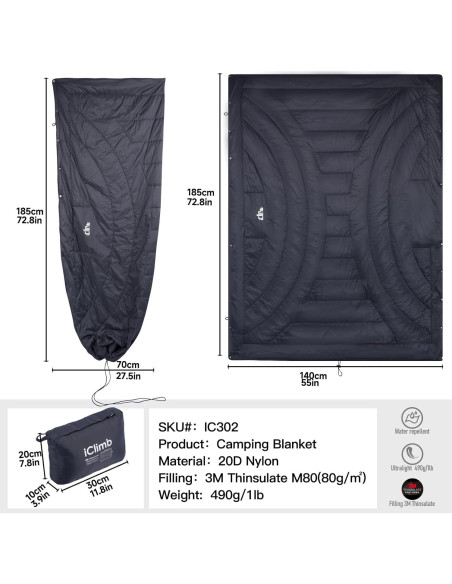 Manta de Camping iClimb IC302 Ultraligera 3M Thinsulate Negra Manta de Camping iClimb IC302 Ultraligera 3M Thinsulate Negra