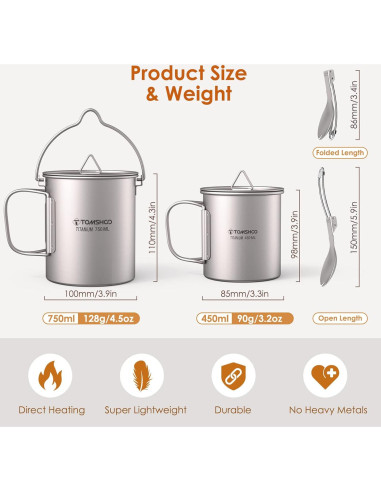 Olla de Titanio TOMSHOO 750mL con Taza y Cuchara Plegable