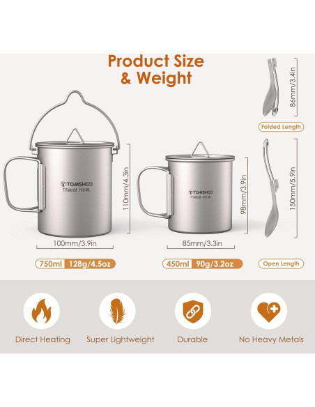 Olla de Titanio TOMSHOO 750mL con Taza y Cuchara Plegable Olla de Titanio TOMSHOO 750mL con Taza y Cuchara Plegable
