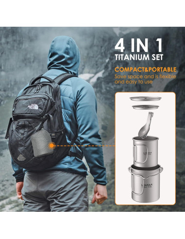 Juego de utensilios de camping Lixada 3 piezas titanio 750ml