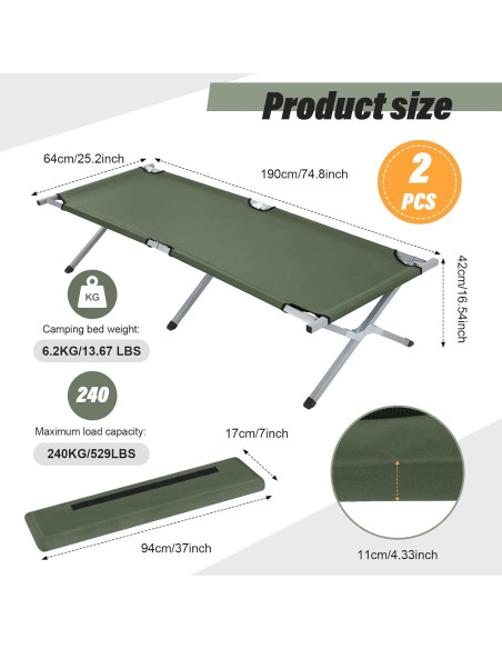 Cama Plegable para Camping Geetery 2 Pcs Verde Militar 240 kg Cama Plegable para Camping Geetery 2 Pcs Verde Militar 240 kg