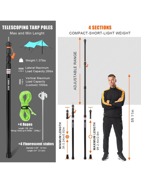 Postes de Lona Telescópicos CAMULAND 87.6-279.4 cm para Camping Postes de Lona Telescópicos CAMULAND 87.6-279.4 cm para Camping