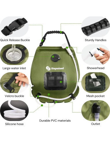 Bolsa de Ducha Solar Camping Sapsisel 20L con Manguera y Cabezal