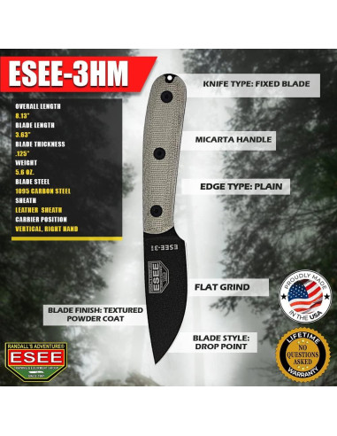Cuchillo de Hoja Fija ESEE 3HM con Funda de Cuero Marrón
