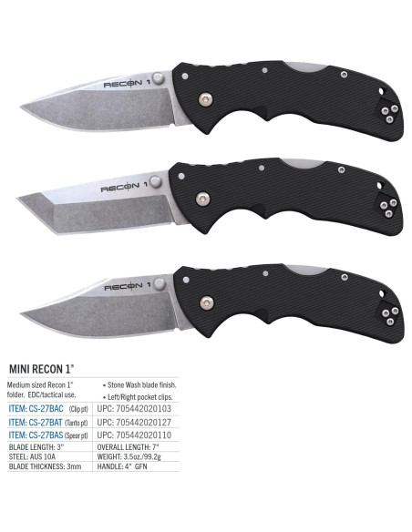 Cuchillo Plegable Cold Steel Mini Recon 1 AUS10A 3" Mango GFN Cuchillo Plegable Cold Steel Mini Recon 1 AUS10A 3" Mango GFN