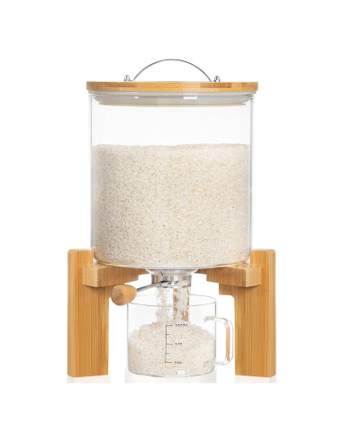 Dispensador de arroz HBlife 5L vidrio y soporte de madera