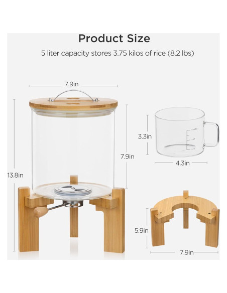 Dispensador de arroz HBlife 5L vidrio y soporte de madera Dispensador de arroz HBlife 5L vidrio y soporte de madera