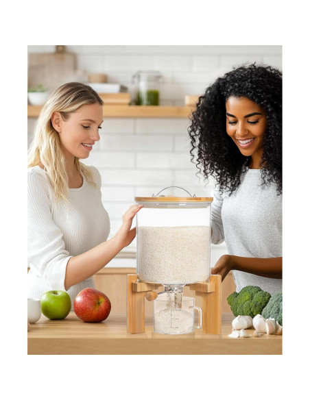 Dispensador de arroz HBlife 5L vidrio y soporte de madera Dispensador de arroz HBlife 5L vidrio y soporte de madera
