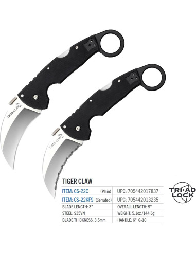 Cuchillo Plegable Cold Steel Tiger Claw 8.26 cm S35VN EDC