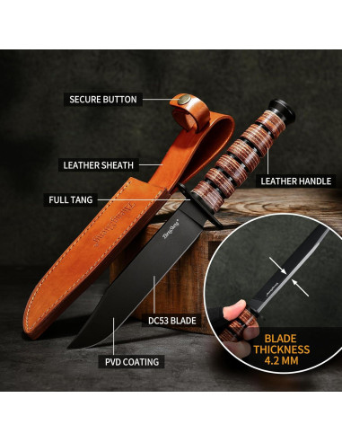 Cuchillo de Caza ZhengSheng 7" Acero DC53 con Funda de Cuero