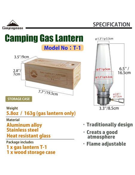 Linterna de Gas para Camping CAMPINGMOON T-1 con Caja de Madera Linterna de Gas para Camping CAMPINGMOON T-1 con Caja de Madera