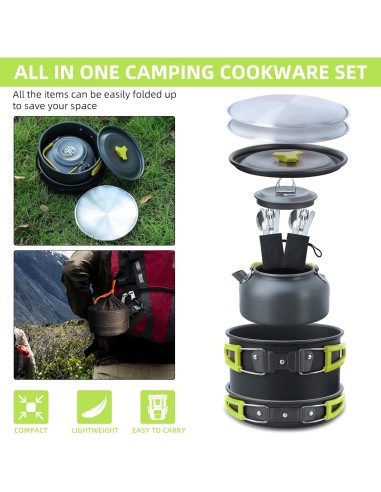 Juego de Cocina para Camping Lixada 16 Piezas Aluminio Verde