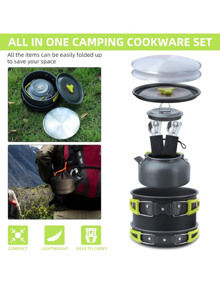 Juego de Cocina para Camping Lixada 16 Piezas Aluminio Verde Juego de Cocina para Camping Lixada 16 Piezas Aluminio Verde