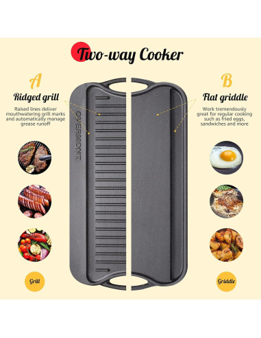 Sartén Reversible de Hierro Fundido Overmont 43x25cm Pre-sazonada