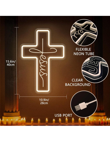 Cartel de Neón Cruz de Jesús LED 27.9x39.6 cm Decoración