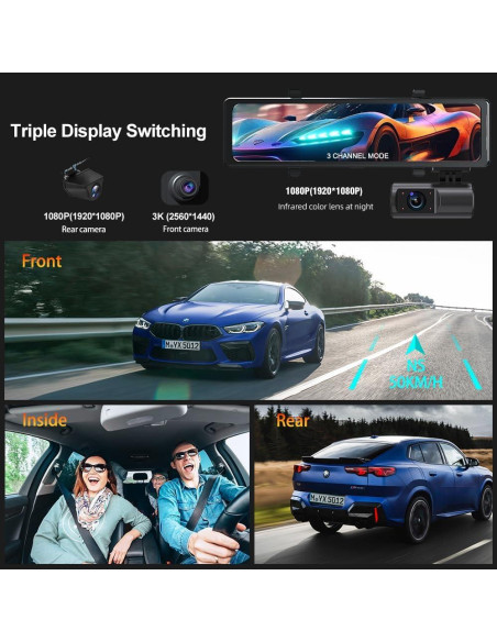 Cámara de Espejo Dash 3 Canales Aprilboy 12" 3K WiFi Cámara de Espejo Dash 3 Canales Aprilboy 12" 3K WiFi