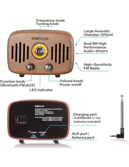 Altavoz Bluetooth Retro Simolio JH-762 2x8W Madera Nogal Altavoz Bluetooth Retro Simolio JH-762 2x8W Madera Nogal