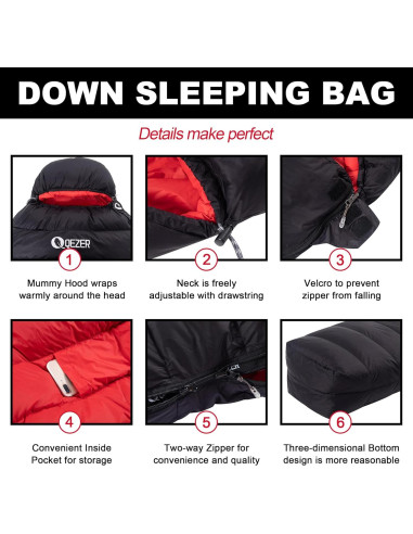Saco de dormir momia QEZER 600FP para clima frío - 1.2 kg