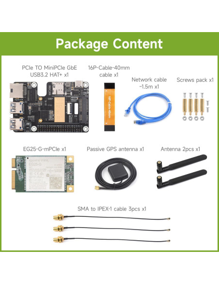 Waveshare HAT PCIe a MiniPCIe 4G USB 3.2 para Raspberry Pi 5 Waveshare HAT PCIe a MiniPCIe 4G USB 3.2 para Raspberry Pi 5