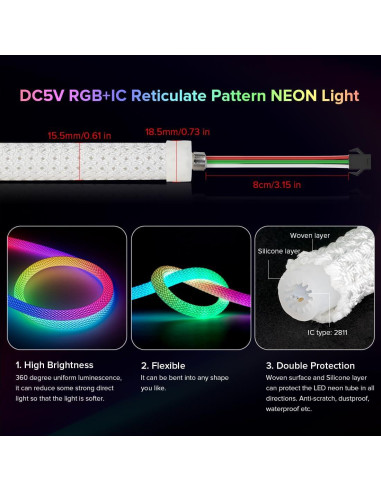 Tira LED Neón BTF-LIGHTING 3.2FT RGB IP67 Flexible