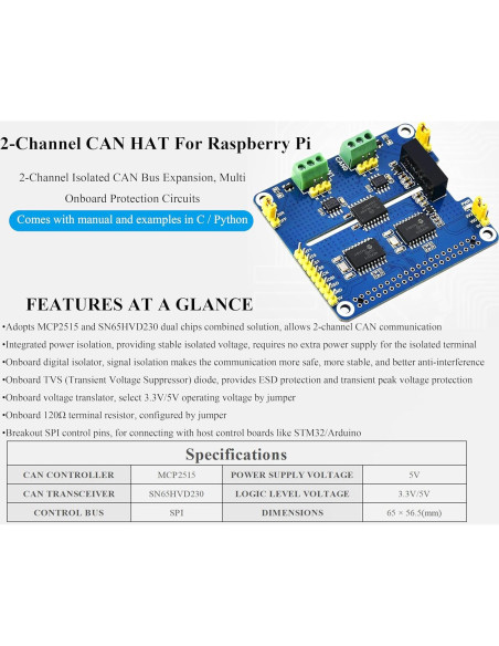 HAT de Expansión CAN UeeKKoo para Raspberry Pi 5/4B/3B/2B HAT de Expansión CAN UeeKKoo para Raspberry Pi 5/4B/3B/2B