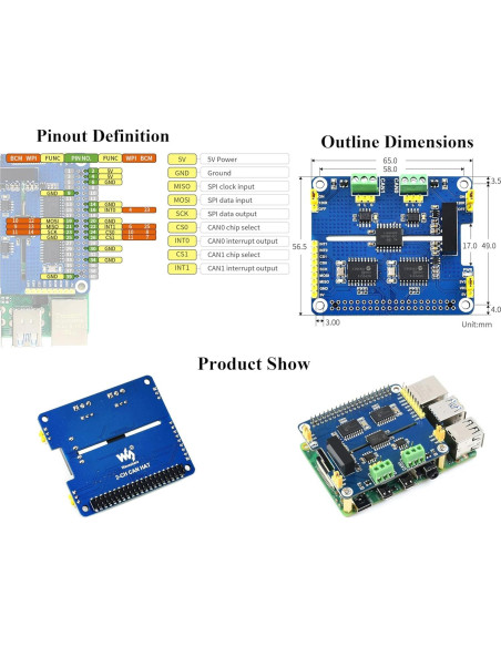 HAT de Expansión CAN UeeKKoo para Raspberry Pi 5/4B/3B/2B HAT de Expansión CAN UeeKKoo para Raspberry Pi 5/4B/3B/2B