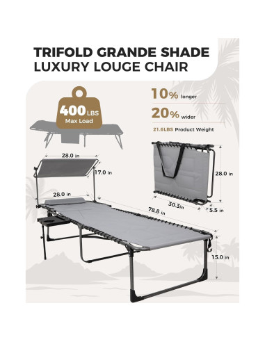 Silla de Lounge Plegable KingCamp 181kg 5 Posiciones con Sombrilla