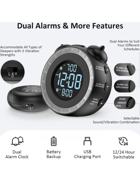 Reloj Despertador Doble USCce con Vibrador y USB Negro Reloj Despertador Doble USCce con Vibrador y USB Negro