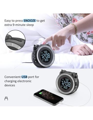 Reloj Despertador Doble USCce con Vibrador y USB Negro