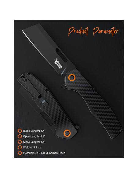 Cuchillo de bolsillo Rush Deer D2, plegable, mango fibra carbono Cuchillo de bolsillo Rush Deer D2, plegable, mango fibra carbono