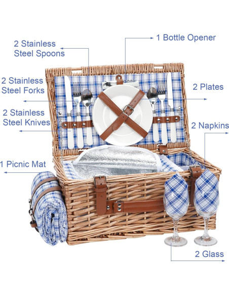 Cesta de Picnic de Mimbre TwentyNext para 2 Personas con Manta Impermeable Cesta de Picnic de Mimbre TwentyNext para 2 Personas con Manta Impermeable
