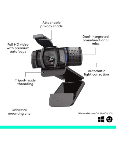Webcam Logitech C920e HD 1080p con micrófono, certificada para Zoom